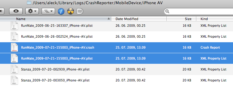 Crash logs on the Mac OS X. Device name is “iPhone AV” here